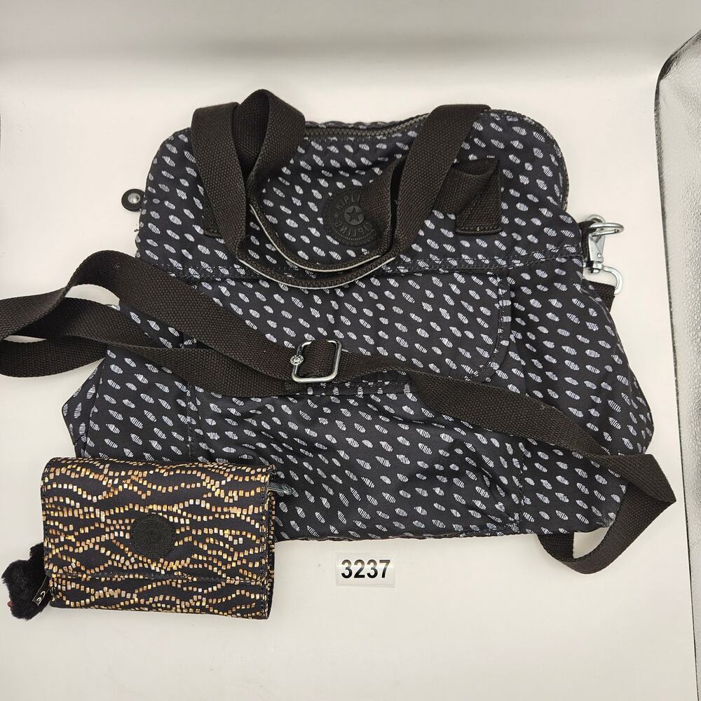 KIPLING BLACK WHITE PRINT DIAPER BAG TOTE + MATCHING WALLET MONKEY LOT